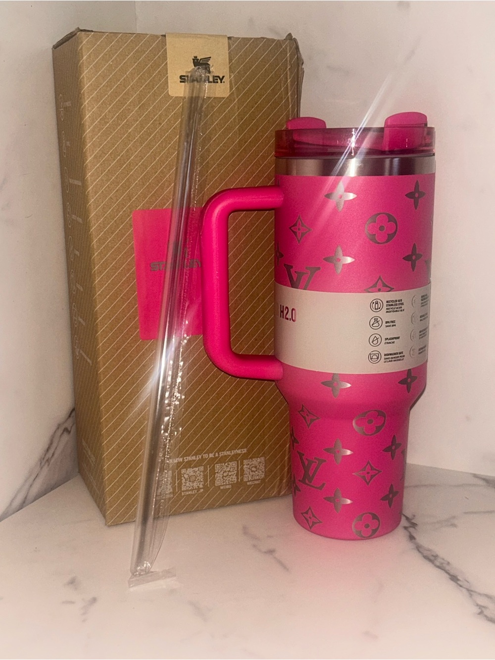 Stanley Hot Pink 40 oz Tumbler with Silver Monogram Accents